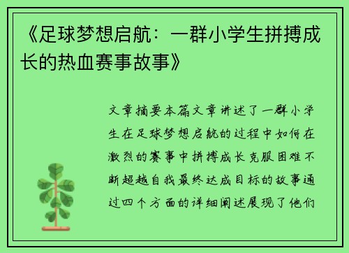 《足球梦想启航：一群小学生拼搏成长的热血赛事故事》